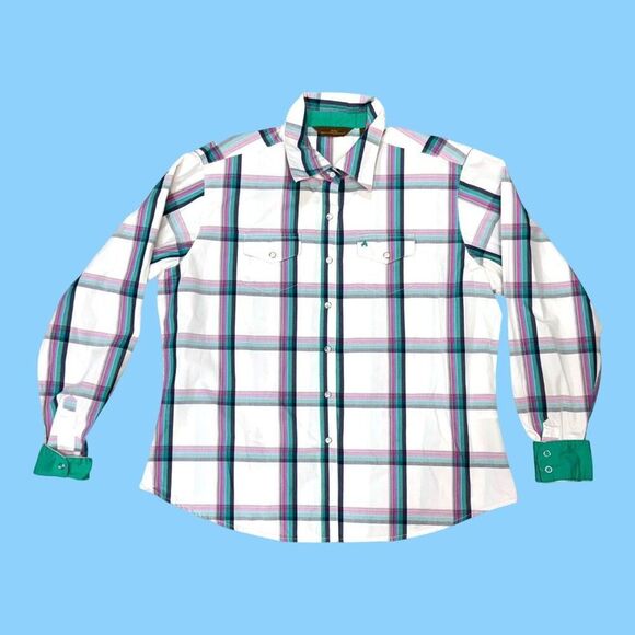 Aura Wrangler Womens Long-Sleeve Plaid Shirt Button Front L 100% Cotton Green - Picture 2 of 6